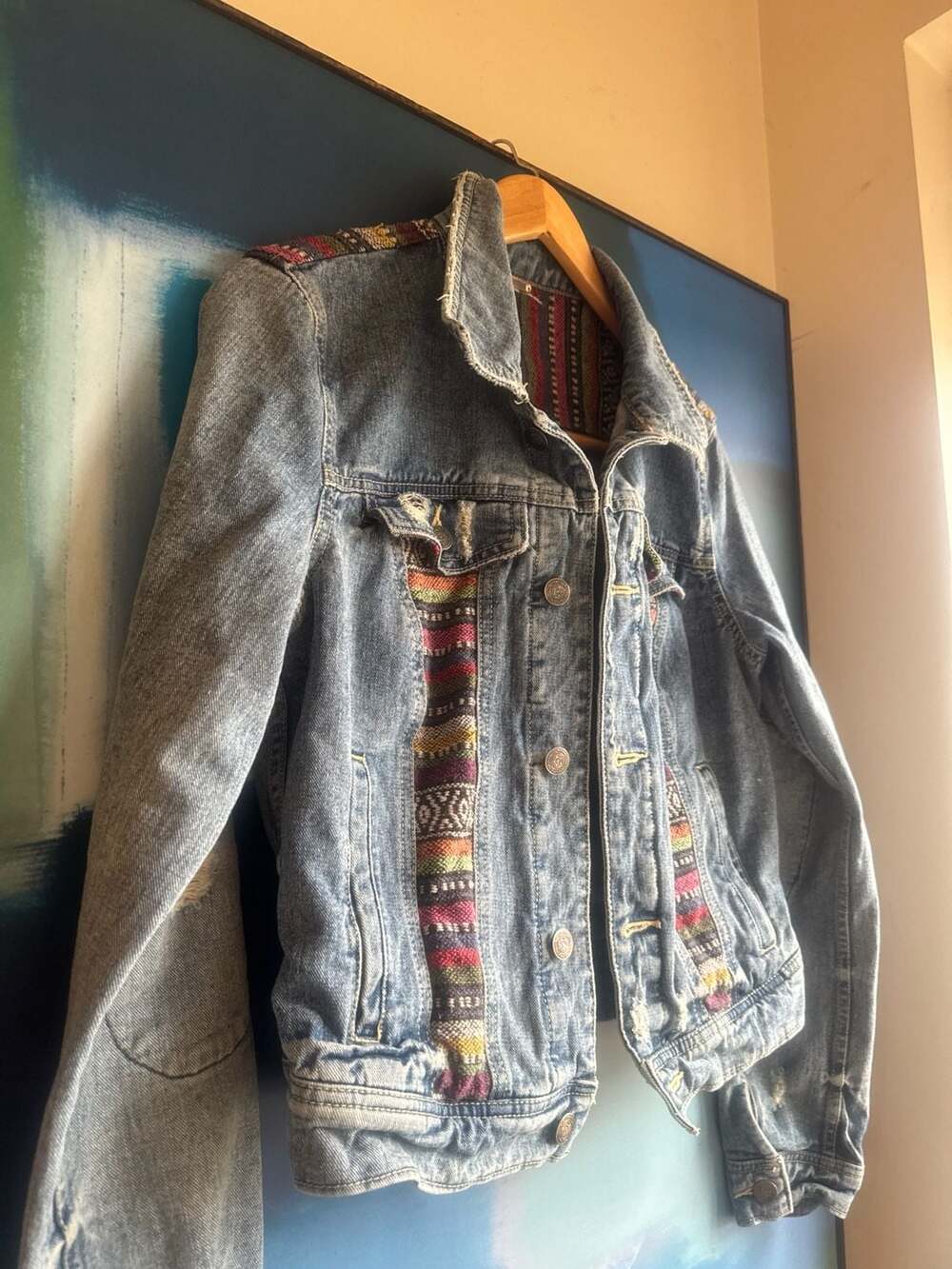 Free People Baja Serape Embroidered Distressed Denim Trucker Jacket - Picture 4 of 9